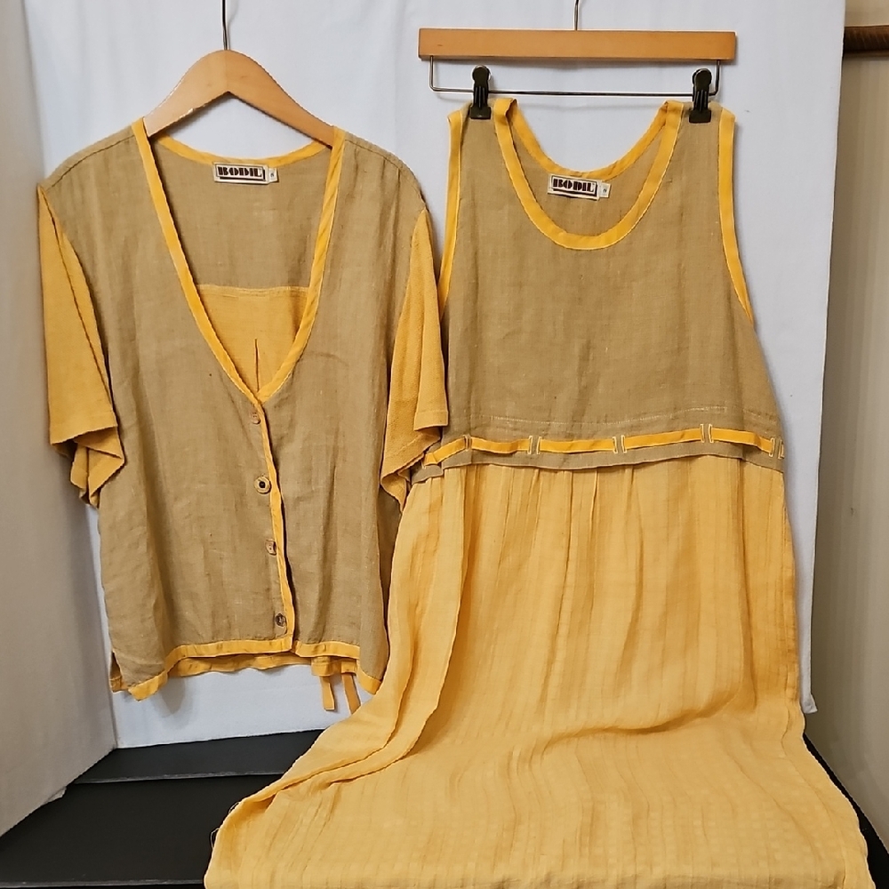 Boho Two-Tone Linen Dress in Mustard and Olive